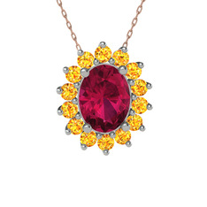 Rodolit garnet ve sitrin 18 ayar beyaz altın kolye (40 cm rose altın rolo zincir)