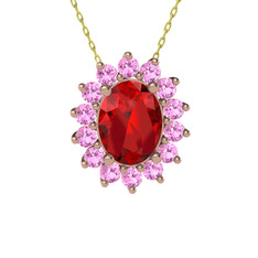 Garnet ve pembe kuvars 925 ayar rose altın kaplama gümüş kolye (40 cm altın rolo zincir)