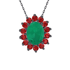 Eda Kolye - Kök zümrüt ve garnet 925 ayar siyah rodyum kaplama gümüş kolye (40 cm gümüş rolo zincir) #k3ubjk