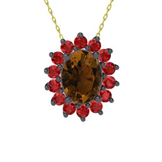 Dumanlı kuvars ve garnet 925 ayar siyah rodyum kaplama gümüş kolye (40 cm gümüş rolo zincir)