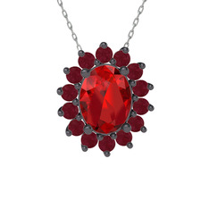 Garnet ve kök yakut 925 ayar siyah rodyum kaplama gümüş kolye (40 cm beyaz altın rolo zincir)