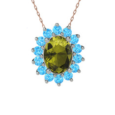 Peridot ve akuamarin 14 ayar beyaz altın kolye (40 cm rose altın rolo zincir)