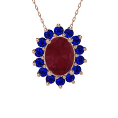 Kök yakut ve lab safir 18 ayar rose altın kolye (40 cm gümüş rolo zincir)