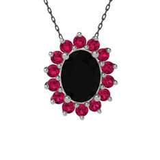 Siyah zirkon ve rodolit garnet 8 ayar beyaz altın kolye (40 cm gümüş rolo zincir)