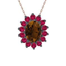 Eda Kolye - Dumanlı kuvars ve rodolit garnet 925 ayar siyah rodyum kaplama gümüş kolye (40 cm rose altın rolo zincir) #n0jvvd