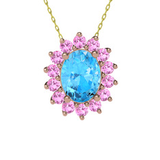 Akuamarin ve pembe kuvars 8 ayar rose altın kolye (40 cm altın rolo zincir)