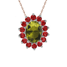 Peridot ve garnet 14 ayar beyaz altın kolye (40 cm rose altın rolo zincir)