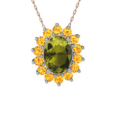 Eda Kolye - Peridot ve sitrin 14 ayar beyaz altın kolye (40 cm rose altın rolo zincir) #o9loah