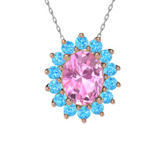 Pembe kuvars ve akuamarin 14 ayar rose altın kolye (40 cm beyaz altın rolo zincir)