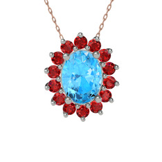 Eda Kolye - Akuamarin ve garnet 18 ayar beyaz altın kolye (40 cm rose altın rolo zincir) #osd3in