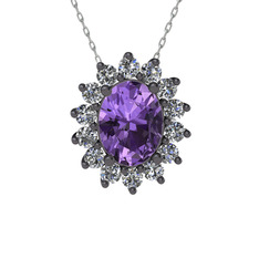 Eda Kolye - Ametist ve swarovski 925 ayar siyah rodyum kaplama gümüş kolye (40 cm beyaz altın rolo zincir) #p1lvff