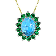 Akuamarin ve yeşil kuvars 8 ayar beyaz altın kolye (40 cm altın rolo zincir)