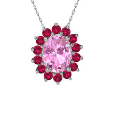 Pembe kuvars ve rodolit garnet 925 ayar gümüş kolye (40 cm beyaz altın rolo zincir)