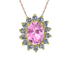 Pembe kuvars ve swarovski 14 ayar altın kolye (40 cm rose altın rolo zincir)