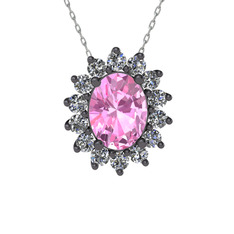 Eda Kolye - Pembe kuvars ve pırlanta 925 ayar siyah rodyum kaplama gümüş kolye (0.504 karat, 40 cm beyaz altın rolo zincir) #s2sbb6
