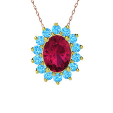 Rodolit garnet ve akuamarin 8 ayar altın kolye (40 cm rose altın rolo zincir)