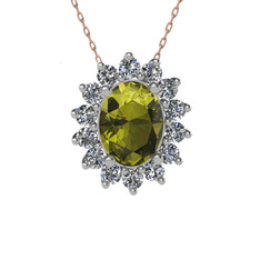 Eda Kolye - Peridot ve beyaz zirkon 8 ayar beyaz altın kolye (40 cm rose altın rolo zincir) #tl29tl