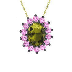 Eda Kolye - Peridot ve pembe kuvars 925 ayar siyah rodyum kaplama gümüş kolye (40 cm altın rolo zincir) #tple62