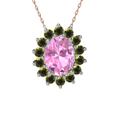 Eda Kolye - Pembe kuvars ve peridot 14 ayar beyaz altın kolye (40 cm rose altın rolo zincir) #u1puqt