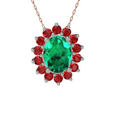 Yeşil kuvars ve garnet 14 ayar beyaz altın kolye (40 cm rose altın rolo zincir)