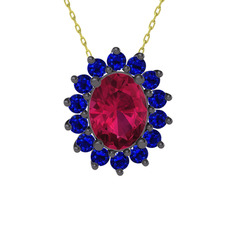 Eda Kolye - Rodolit garnet ve lab safir 925 ayar siyah rodyum kaplama gümüş kolye (40 cm altın rolo zincir) #wa4ro4