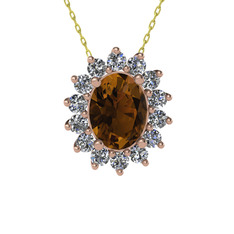Dumanlı kuvars ve pırlanta 14 ayar rose altın kolye (0.504 karat, 40 cm gümüş rolo zincir)
