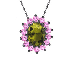 Eda Kolye - Peridot ve pembe kuvars 925 ayar siyah rodyum kaplama gümüş kolye (40 cm gümüş rolo zincir) #y7qclz