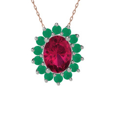 Rodolit garnet ve kök zümrüt 8 ayar beyaz altın kolye (40 cm rose altın rolo zincir)