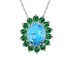 Akuamarin ve yeşil kuvars 18 ayar beyaz altın kolye (40 cm gümüş rolo zincir)