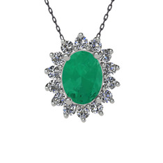 Kök zümrüt ve swarovski 14 ayar beyaz altın kolye (40 cm gümüş rolo zincir)