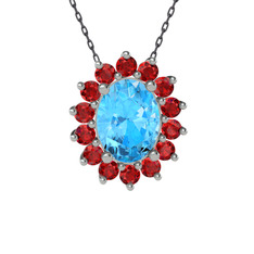 Eda Kolye - Akuamarin ve garnet 8 ayar beyaz altın kolye (40 cm gümüş rolo zincir) #zp8t0s