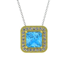 Esinti Kare Kolye - Akuamarin ve pırlanta 14 ayar altın kolye (0.264 karat, 40 cm gümüş rolo zincir) #101uxyw