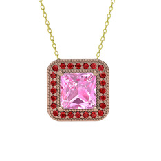 Esinti Kare Kolye - Pembe kuvars ve garnet 8 ayar rose altın kolye (40 cm altın rolo zincir) #107qy3a