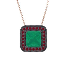 Esinti Kare Kolye - Kök zümrüt ve kök yakut 925 ayar siyah rodyum kaplama gümüş kolye (40 cm gümüş rolo zincir) #10crrlq