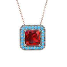 Esinti Kare Kolye - Garnet ve akuamarin 14 ayar beyaz altın kolye (40 cm rose altın rolo zincir) #10ka0co