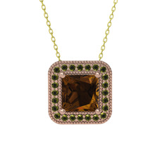 Esinti Kare Kolye - Dumanlı kuvars ve peridot 18 ayar rose altın kolye (40 cm altın rolo zincir) #10onulr