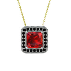 Esinti Kare Kolye - Garnet ve siyah zirkon 14 ayar beyaz altın kolye (40 cm gümüş rolo zincir) #10vvtp8