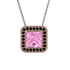 Esinti Kare Kolye - Pembe kuvars ve siyah zirkon 18 ayar rose altın kolye (40 cm gümüş rolo zincir) #10wva0n