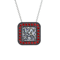 Esinti Kare Kolye - Beyaz zirkon ve garnet 925 ayar siyah rodyum kaplama gümüş kolye (40 cm beyaz altın rolo zincir) #114eqiw