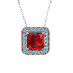 Garnet ve akuamarin 8 ayar rose altın kolye (40 cm beyaz altın rolo zincir)