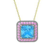 Esinti Kare Kolye - Akuamarin ve pembe kuvars 925 ayar gümüş kolye (40 cm altın rolo zincir) #11tje0i