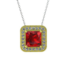 Garnet ve pırlanta 14 ayar altın kolye (0.264 karat, 40 cm beyaz altın rolo zincir)