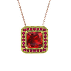 Esinti Kare Kolye - Garnet ve rodolit garnet 18 ayar altın kolye (40 cm rose altın rolo zincir) #123vhk0
