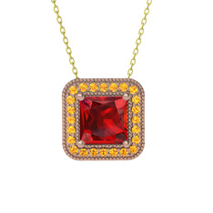 Esinti Kare Kolye - Garnet ve sitrin 18 ayar rose altın kolye (40 cm altın rolo zincir) #123y13i
