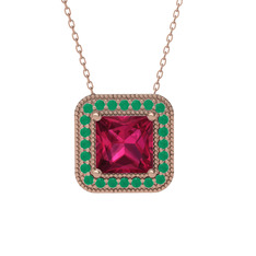 Esinti Kare Kolye - Rodolit garnet ve kök zümrüt 925 ayar rose altın kaplama gümüş kolye (40 cm rose altın rolo zincir) #129byx
