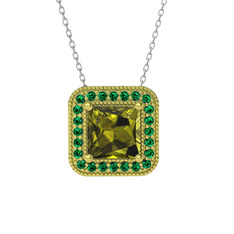 Peridot ve yeşil kuvars 8 ayar altın kolye (40 cm gümüş rolo zincir)
