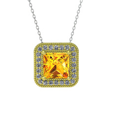 Esinti Kare Kolye - Sitrin ve swarovski 925 ayar altın kaplama gümüş kolye (40 cm beyaz altın rolo zincir) #12kkw3c