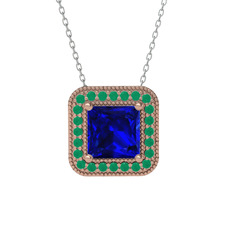 Esinti Kare Kolye - Lab safir ve kök zümrüt 925 ayar rose altın kaplama gümüş kolye (40 cm beyaz altın rolo zincir) #130s3js