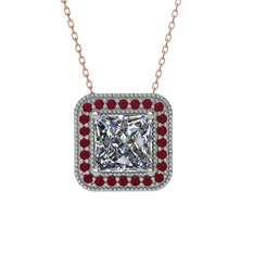 Esinti Kare Kolye - Beyaz zirkon ve kök yakut 18 ayar beyaz altın kolye (40 cm rose altın rolo zincir) #132jwi1