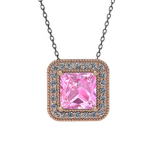 Esinti Kare Kolye - Pembe kuvars ve beyaz zirkon 8 ayar rose altın kolye (40 cm gümüş rolo zincir) #1360zr4